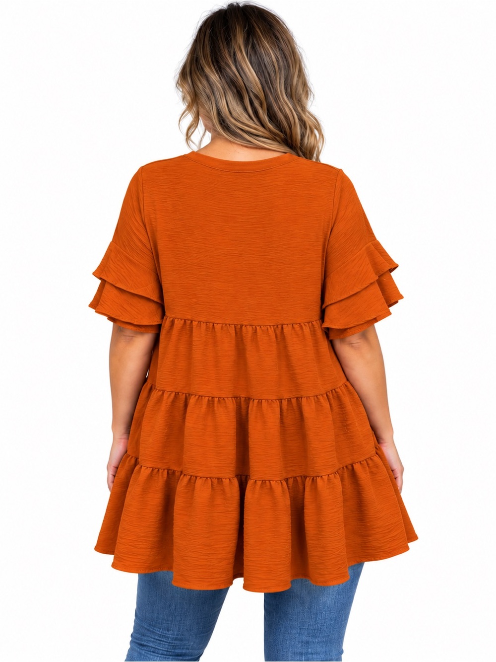 Zenana Rust Orange Tiered Babydoll Tunic Top Flutter Sleeve L NWOT - Picture 2 of 4